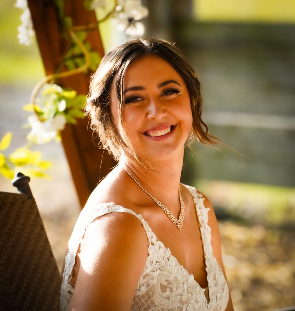 Happy bride in lace dress