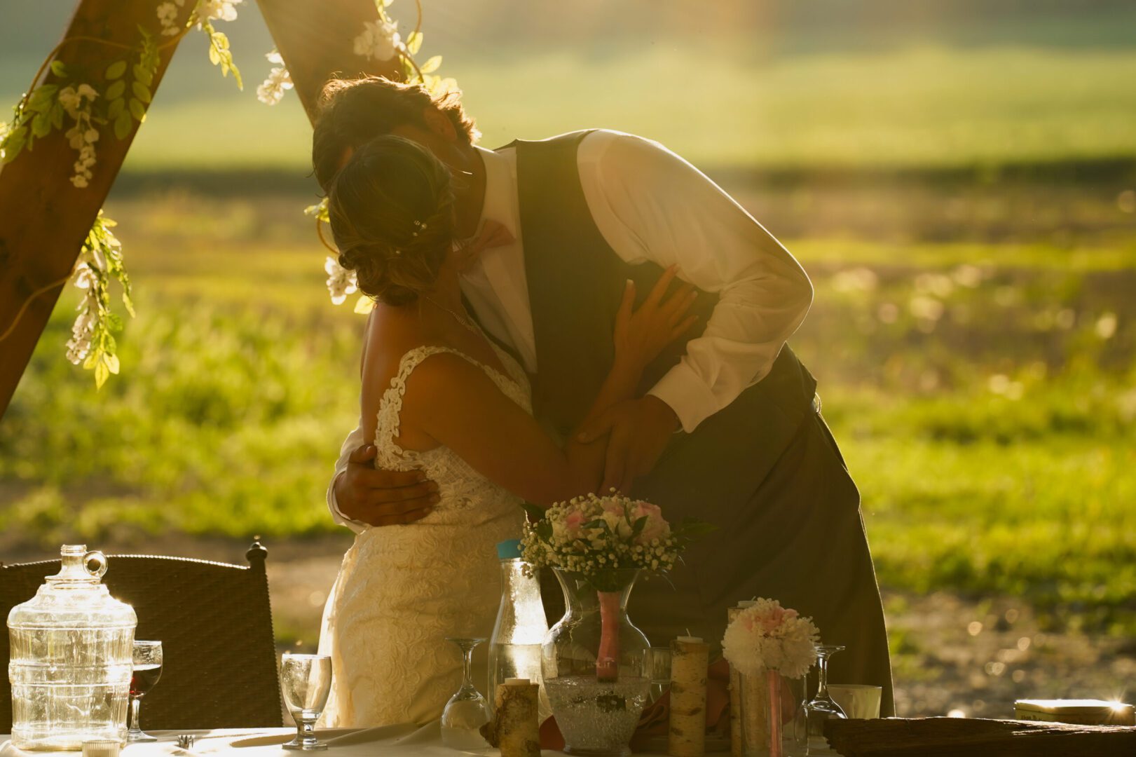 Bride and groom share a kiss
