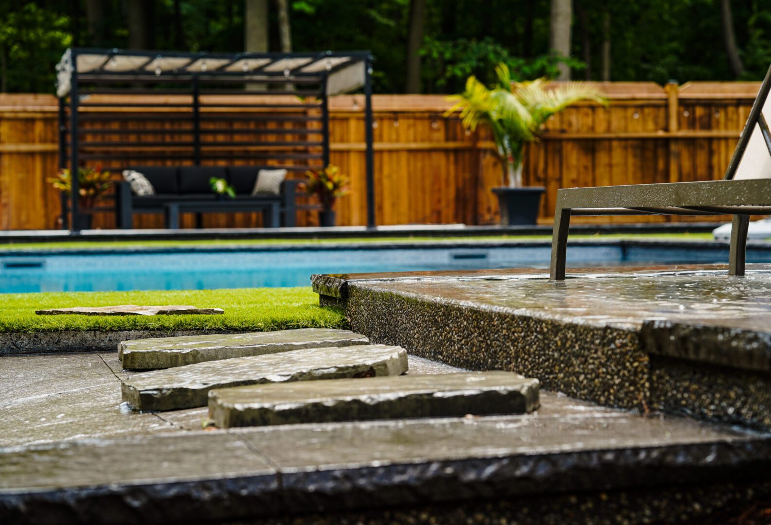 Outdoor seating area near a pool
