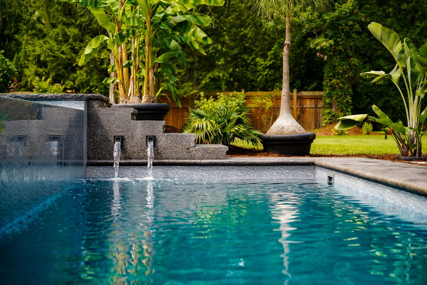 Backyard pool with water features